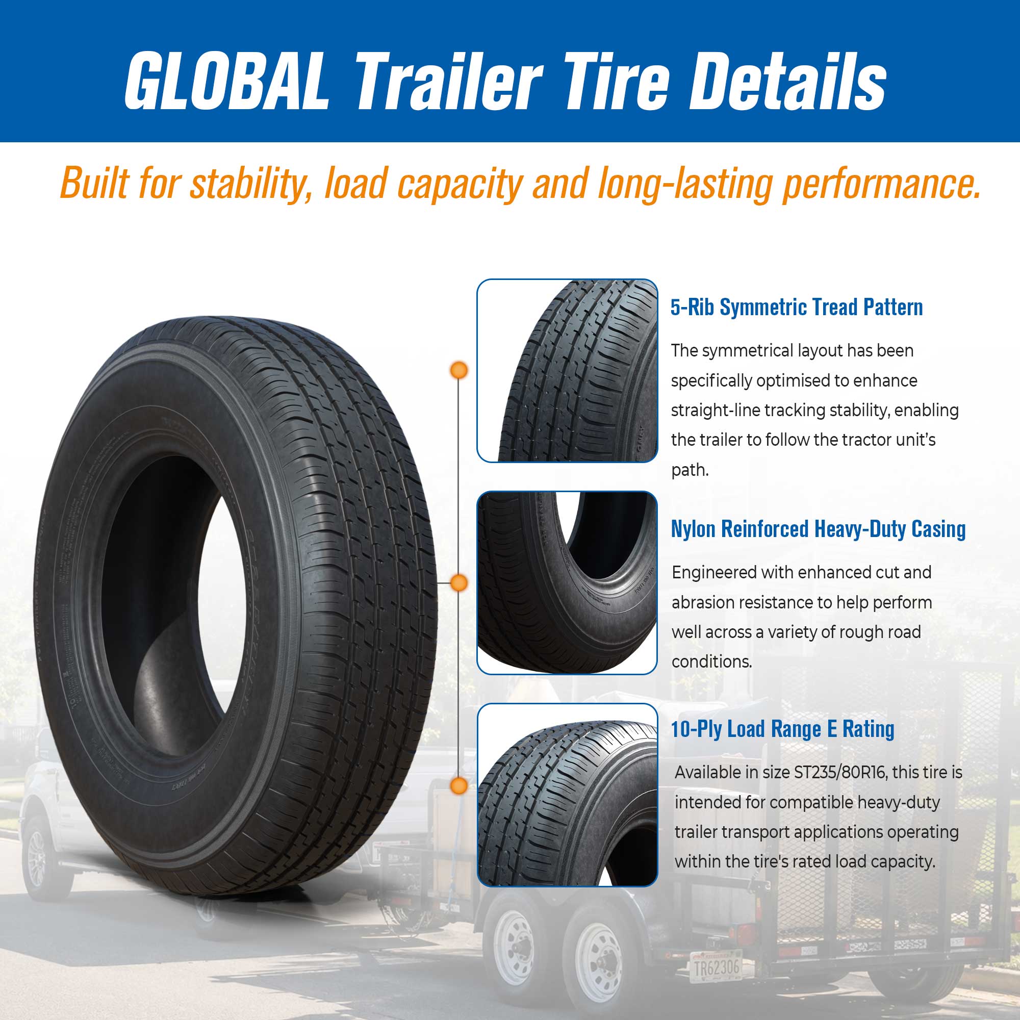GLOBAL GX669 ST235/80R16 Trailer Tires Load Range E 10-Ply Rated, Radial BSW Set of 4 for Compatible RV Travel, Boat, Utility and Cargo Trailers